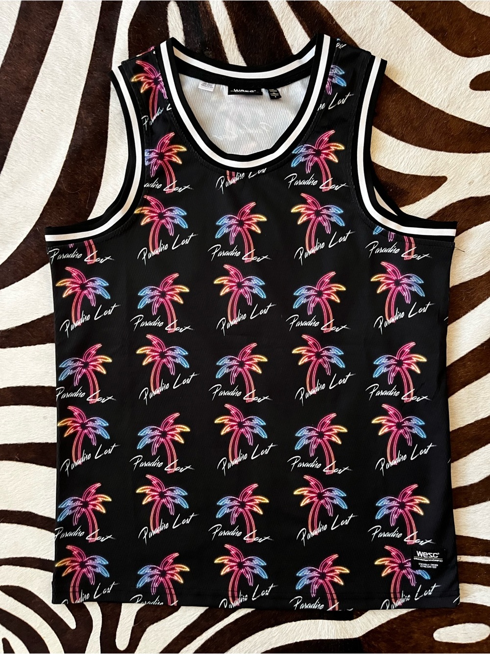 Wesc Black Tank with Neon Pink, Blue & Yellow Palm Print